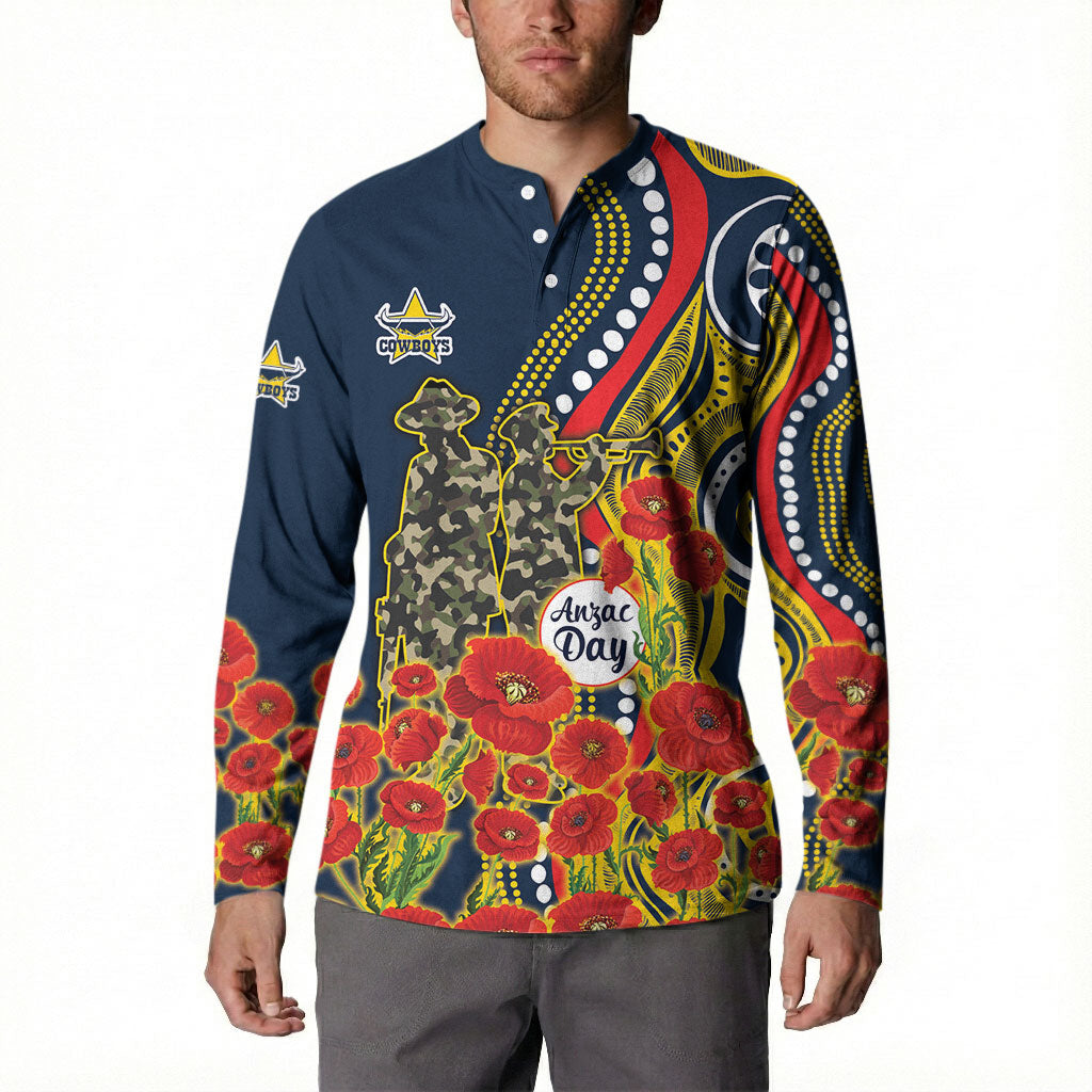 North Queensland Cowboys ANZAC Button Sweatshirt Indigenous Wave Poppy Remembrance Cowboy