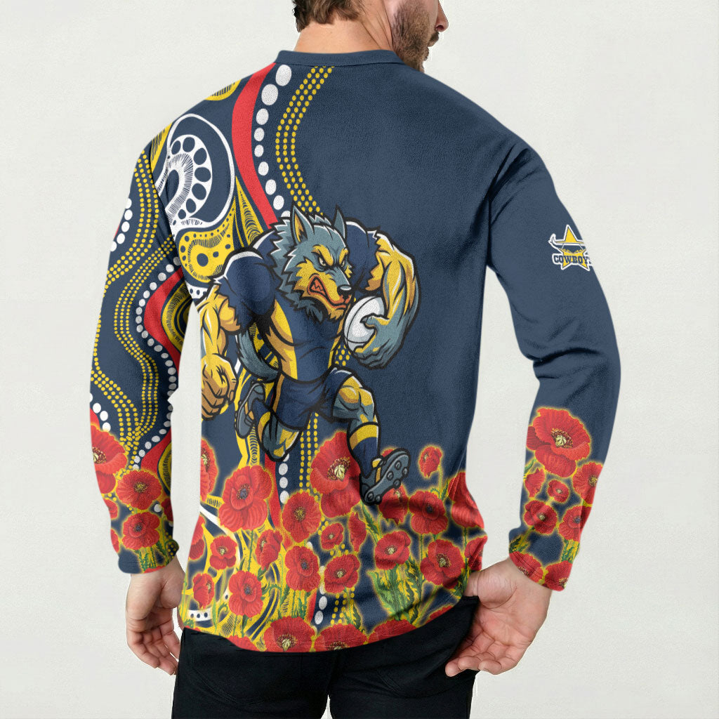 North Queensland Cowboys ANZAC Button Sweatshirt Indigenous Wave Poppy Remembrance Cowboy