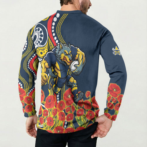 North Queensland Cowboys ANZAC Button Sweatshirt Indigenous Wave Poppy Remembrance Cowboy