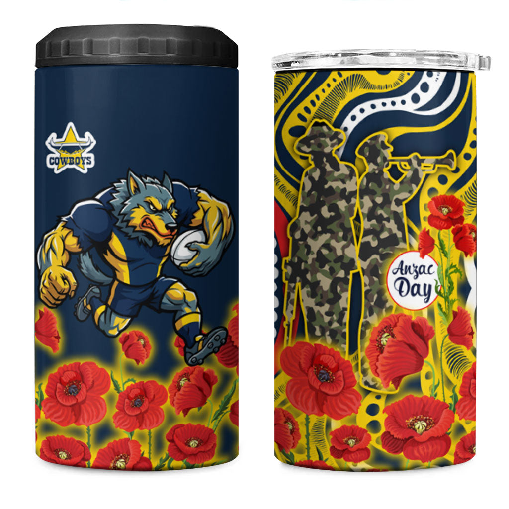 North Queensland Cowboys ANZAC 4 in 1 Can Cooler Tumbler Indigenous Wave Poppy Remembrance Cowboy