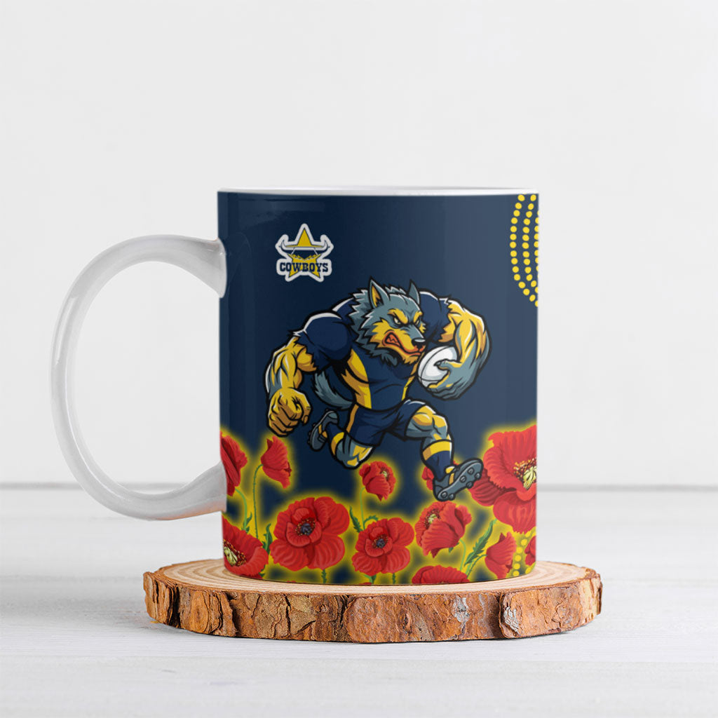 North Queensland Cowboys ANZAC Ceramic Mug Indigenous Wave Poppy Remembrance Cowboy