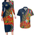 North Queensland Cowboys ANZAC Couples Matching Long Sleeve Bodycon Dress and Hawaiian Shirt Indigenous Wave Poppy Remembrance Cowboy