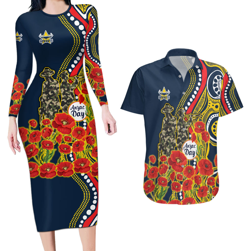 North Queensland Cowboys ANZAC Couples Matching Long Sleeve Bodycon Dress and Hawaiian Shirt Indigenous Wave Poppy Remembrance Cowboy