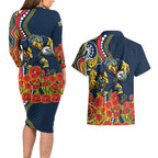 North Queensland Cowboys ANZAC Couples Matching Long Sleeve Bodycon Dress and Hawaiian Shirt Indigenous Wave Poppy Remembrance Cowboy