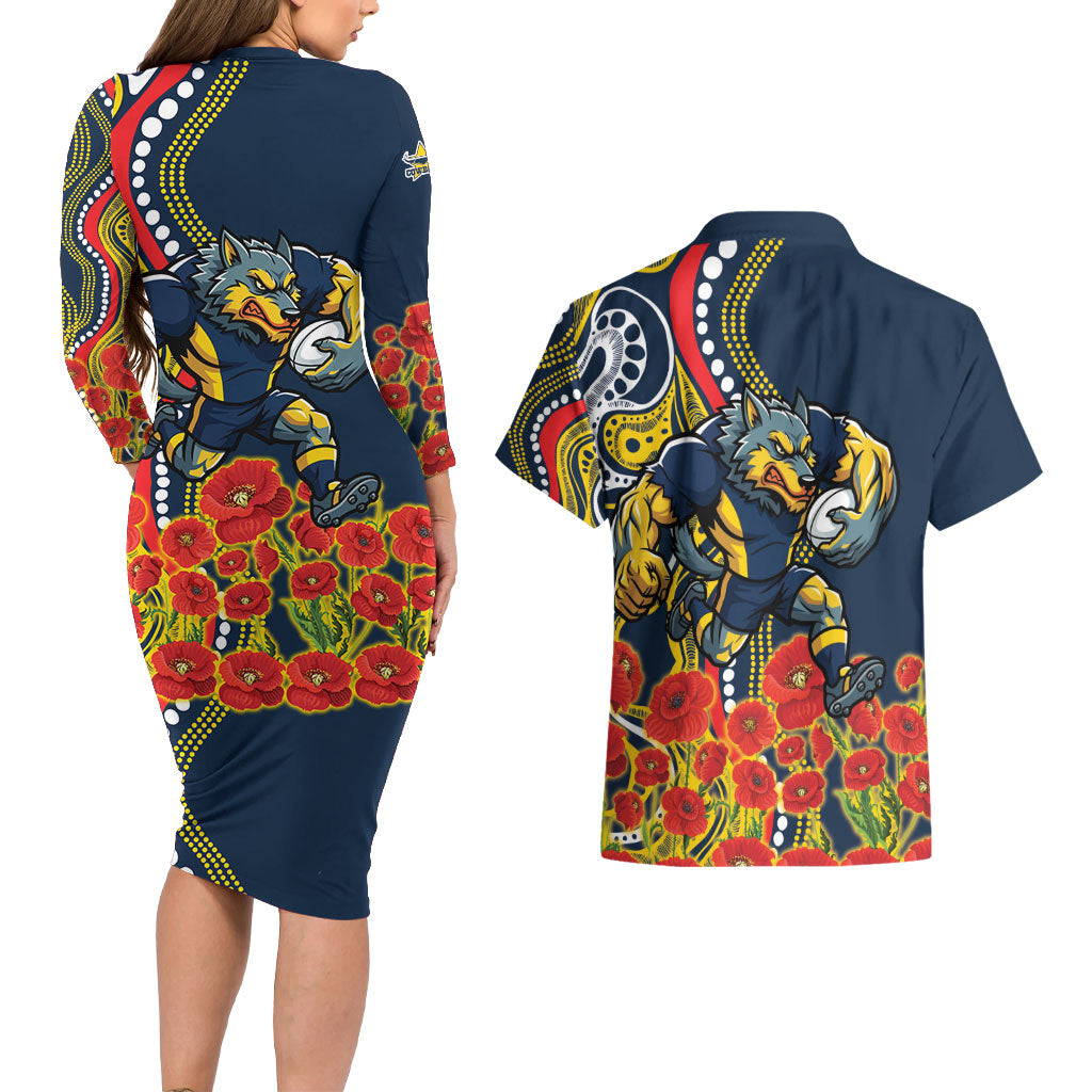 North Queensland Cowboys ANZAC Couples Matching Long Sleeve Bodycon Dress and Hawaiian Shirt Indigenous Wave Poppy Remembrance Cowboy