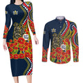 North Queensland Cowboys ANZAC Couples Matching Long Sleeve Bodycon Dress and Long Sleeve Button Shirt Indigenous Wave Poppy Remembrance Cowboy