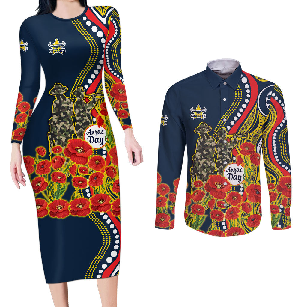 North Queensland Cowboys ANZAC Couples Matching Long Sleeve Bodycon Dress and Long Sleeve Button Shirt Indigenous Wave Poppy Remembrance Cowboy