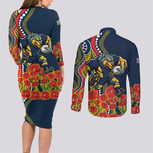 North Queensland Cowboys ANZAC Couples Matching Long Sleeve Bodycon Dress and Long Sleeve Button Shirt Indigenous Wave Poppy Remembrance Cowboy