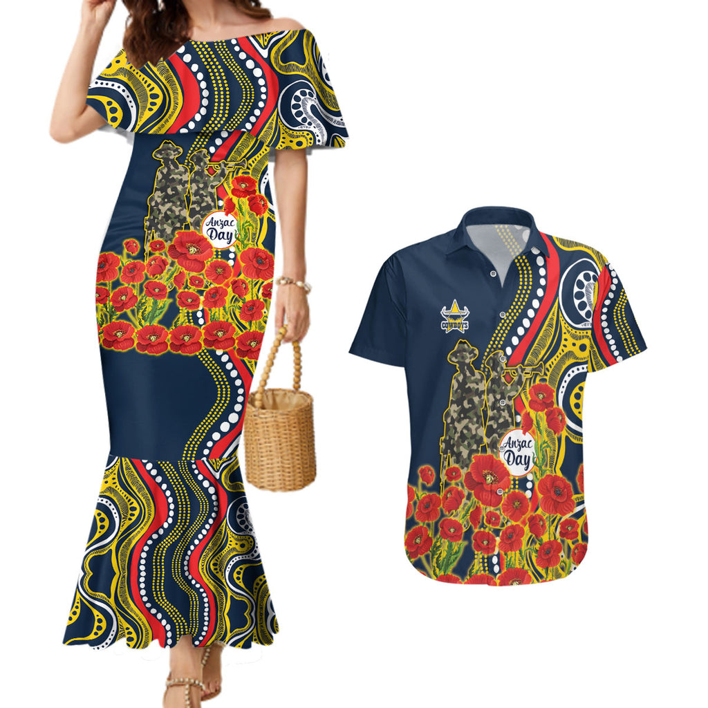 North Queensland Cowboys ANZAC Couples Matching Mermaid Dress and Hawaiian Shirt Indigenous Wave Poppy Remembrance Cowboy