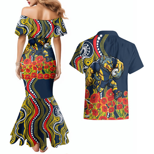 North Queensland Cowboys ANZAC Couples Matching Mermaid Dress and Hawaiian Shirt Indigenous Wave Poppy Remembrance Cowboy