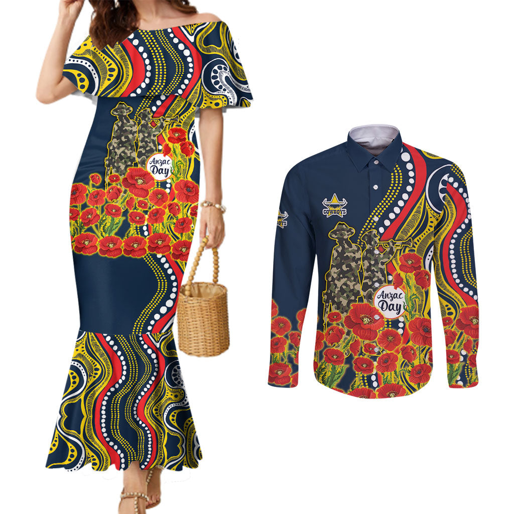North Queensland Cowboys ANZAC Couples Matching Mermaid Dress and Long Sleeve Button Shirt Indigenous Wave Poppy Remembrance Cowboy