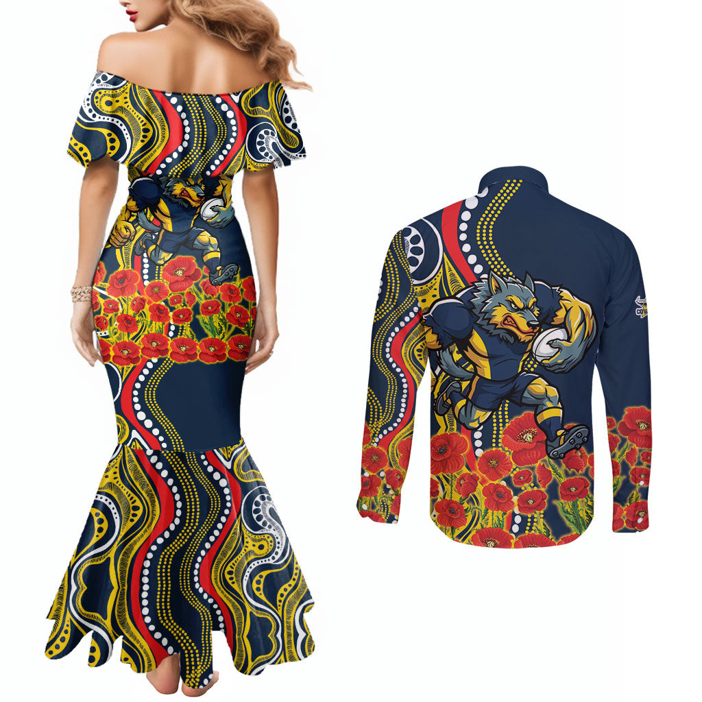 North Queensland Cowboys ANZAC Couples Matching Mermaid Dress and Long Sleeve Button Shirt Indigenous Wave Poppy Remembrance Cowboy