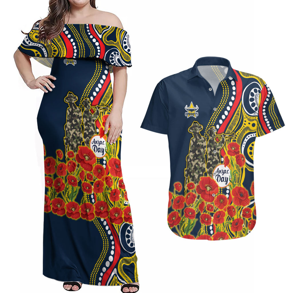 North Queensland Cowboys ANZAC Couples Matching Off Shoulder Maxi Dress and Hawaiian Shirt Indigenous Wave Poppy Remembrance Cowboy