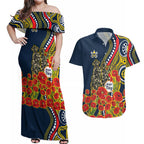 North Queensland Cowboys ANZAC Couples Matching Off Shoulder Maxi Dress and Hawaiian Shirt Indigenous Wave Poppy Remembrance Cowboy