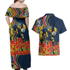 North Queensland Cowboys ANZAC Couples Matching Off Shoulder Maxi Dress and Hawaiian Shirt Indigenous Wave Poppy Remembrance Cowboy