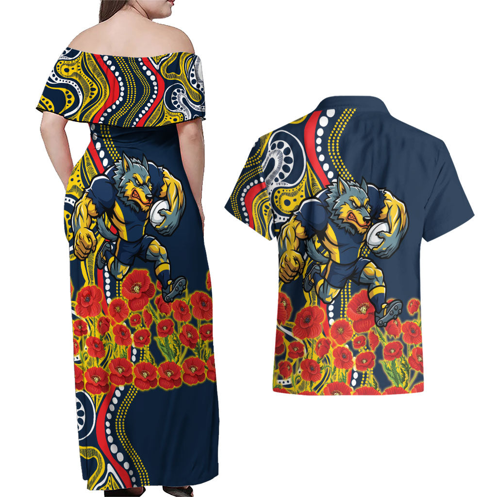 North Queensland Cowboys ANZAC Couples Matching Off Shoulder Maxi Dress and Hawaiian Shirt Indigenous Wave Poppy Remembrance Cowboy