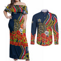 North Queensland Cowboys ANZAC Couples Matching Off Shoulder Maxi Dress and Long Sleeve Button Shirt Indigenous Wave Poppy Remembrance Cowboy