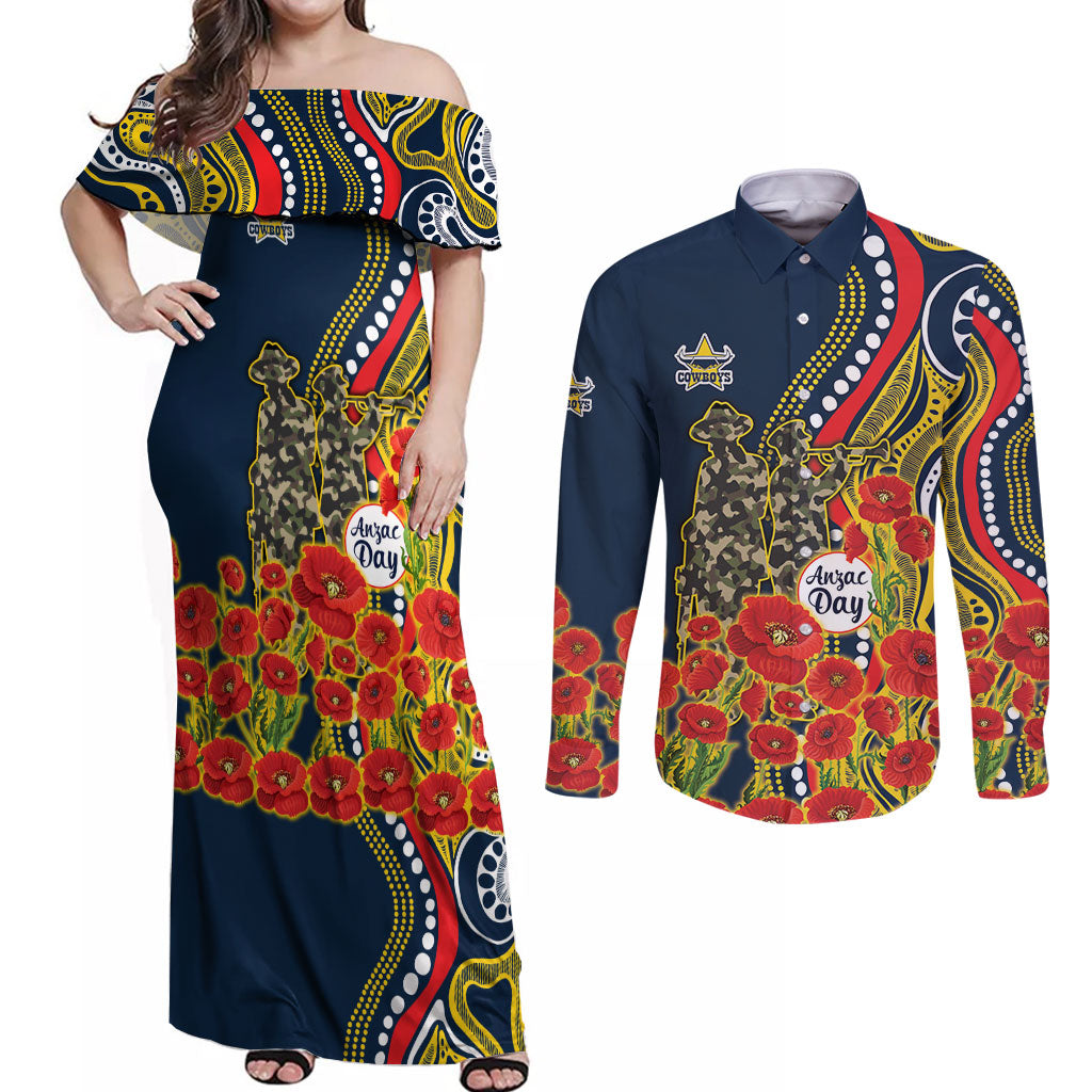 North Queensland Cowboys ANZAC Couples Matching Off Shoulder Maxi Dress and Long Sleeve Button Shirt Indigenous Wave Poppy Remembrance Cowboy
