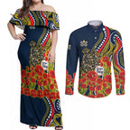 North Queensland Cowboys ANZAC Couples Matching Off Shoulder Maxi Dress and Long Sleeve Button Shirt Indigenous Wave Poppy Remembrance Cowboy