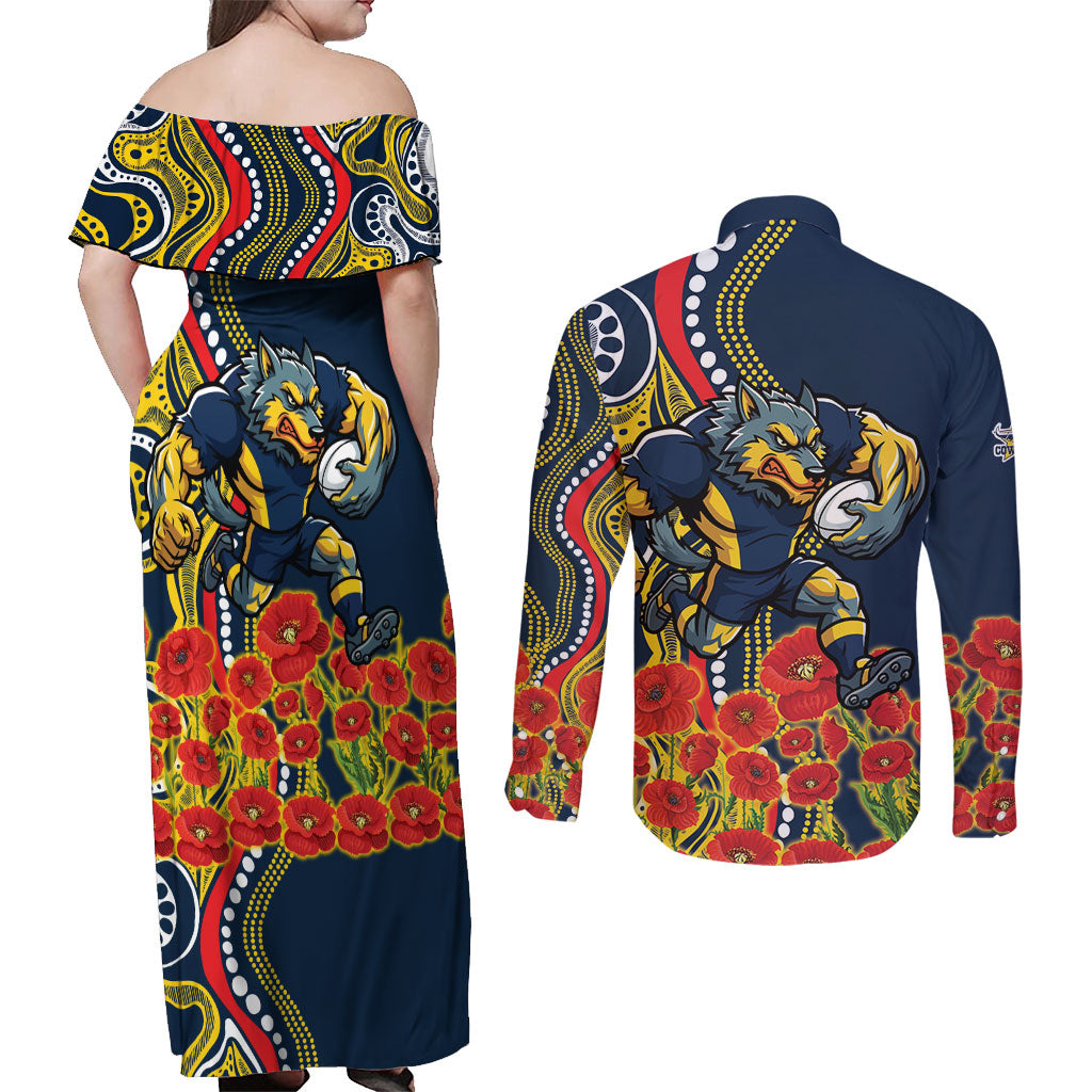 North Queensland Cowboys ANZAC Couples Matching Off Shoulder Maxi Dress and Long Sleeve Button Shirt Indigenous Wave Poppy Remembrance Cowboy