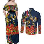 North Queensland Cowboys ANZAC Couples Matching Off Shoulder Maxi Dress and Long Sleeve Button Shirt Indigenous Wave Poppy Remembrance Cowboy