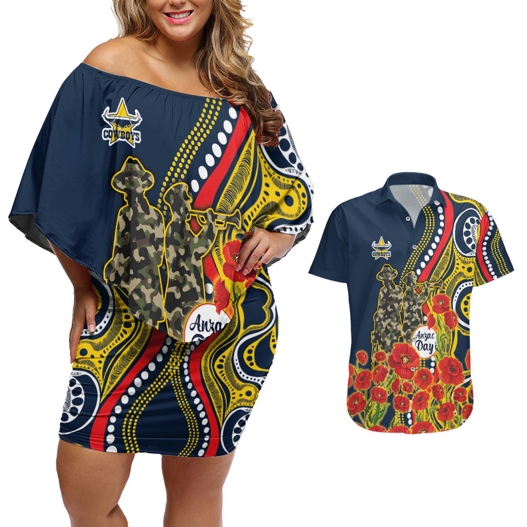 North Queensland Cowboys ANZAC Couples Matching Off Shoulder Short Dress and Hawaiian Shirt Indigenous Wave Poppy Remembrance Cowboy
