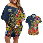North Queensland Cowboys ANZAC Couples Matching Off Shoulder Short Dress and Hawaiian Shirt Indigenous Wave Poppy Remembrance Cowboy