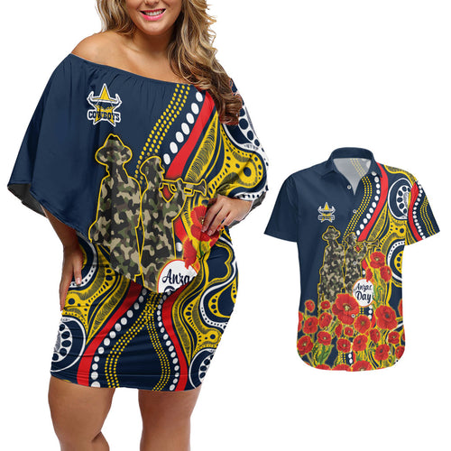 North Queensland Cowboys ANZAC Couples Matching Off Shoulder Short Dress and Hawaiian Shirt Indigenous Wave Poppy Remembrance Cowboy