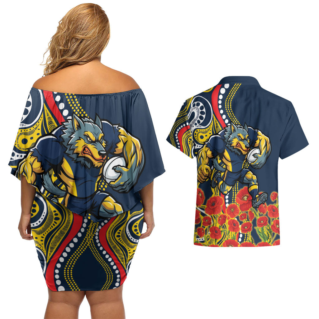 North Queensland Cowboys ANZAC Couples Matching Off Shoulder Short Dress and Hawaiian Shirt Indigenous Wave Poppy Remembrance Cowboy