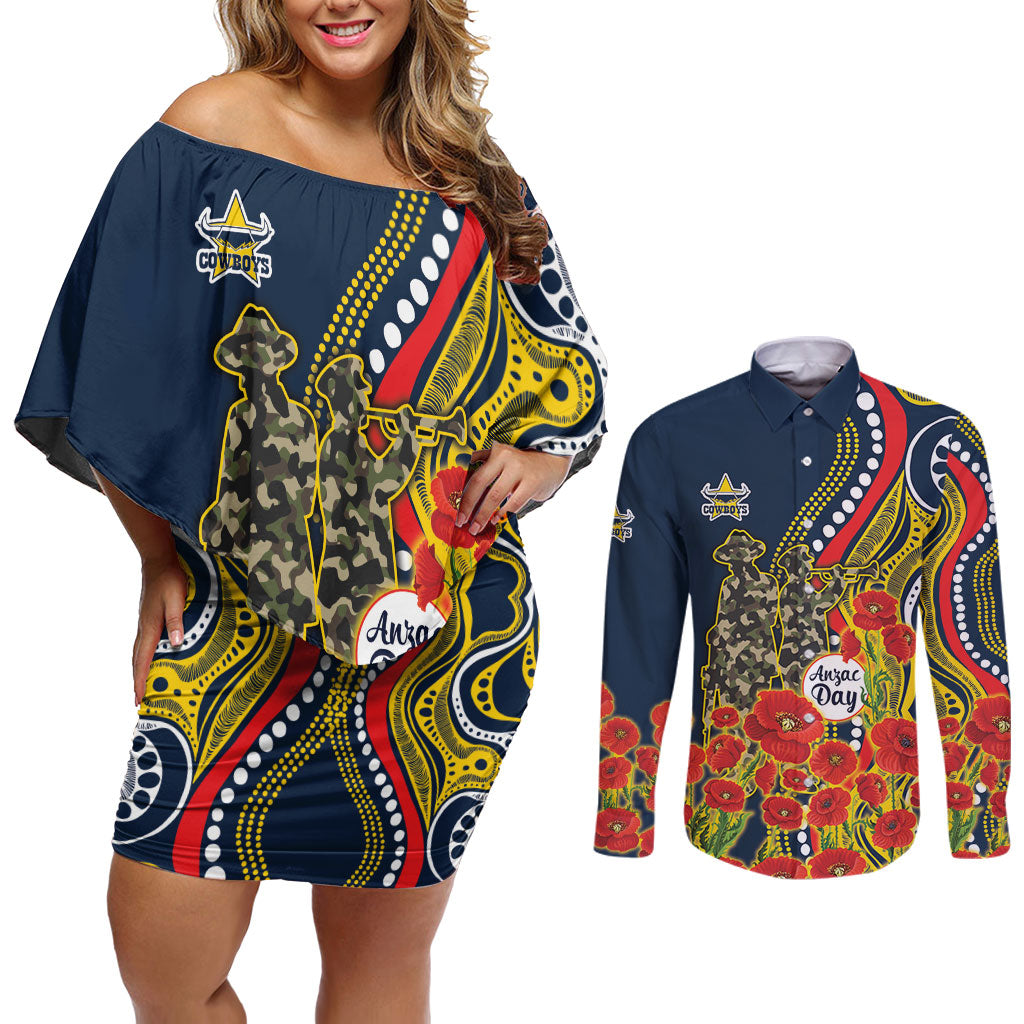 North Queensland Cowboys ANZAC Couples Matching Off Shoulder Short Dress and Long Sleeve Button Shirt Indigenous Wave Poppy Remembrance Cowboy