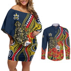 North Queensland Cowboys ANZAC Couples Matching Off Shoulder Short Dress and Long Sleeve Button Shirt Indigenous Wave Poppy Remembrance Cowboy