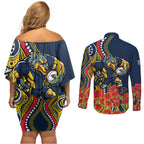 North Queensland Cowboys ANZAC Couples Matching Off Shoulder Short Dress and Long Sleeve Button Shirt Indigenous Wave Poppy Remembrance Cowboy