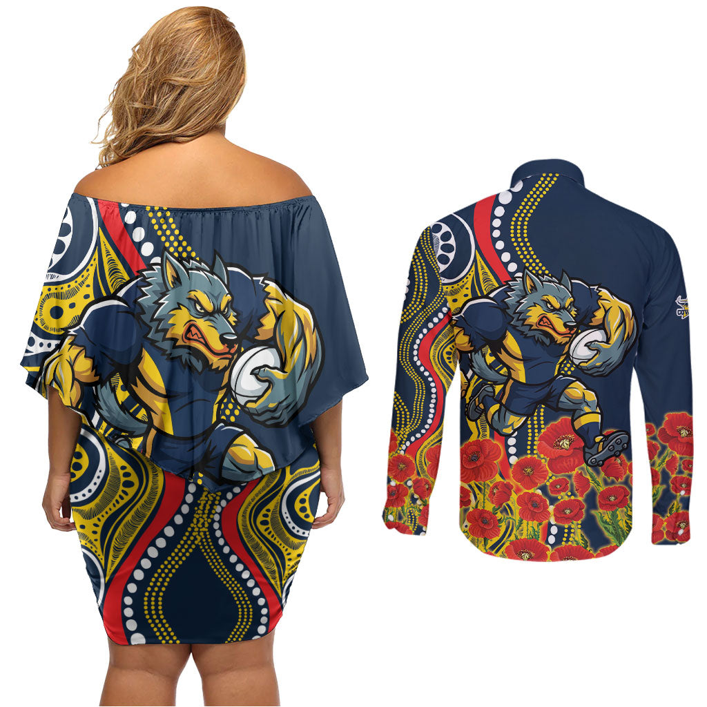 North Queensland Cowboys ANZAC Couples Matching Off Shoulder Short Dress and Long Sleeve Button Shirt Indigenous Wave Poppy Remembrance Cowboy