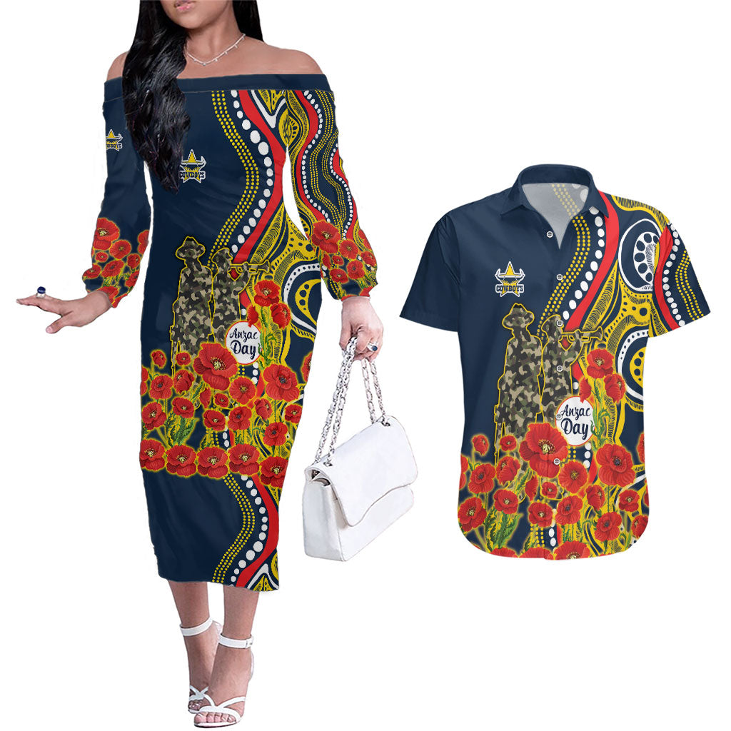 North Queensland Cowboys ANZAC Couples Matching Off The Shoulder Long Sleeve Dress and Hawaiian Shirt Indigenous Wave Poppy Remembrance Cowboy