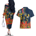 North Queensland Cowboys ANZAC Couples Matching Off The Shoulder Long Sleeve Dress and Hawaiian Shirt Indigenous Wave Poppy Remembrance Cowboy