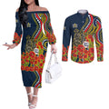 North Queensland Cowboys ANZAC Couples Matching Off The Shoulder Long Sleeve Dress and Long Sleeve Button Shirt Indigenous Wave Poppy Remembrance Cowboy