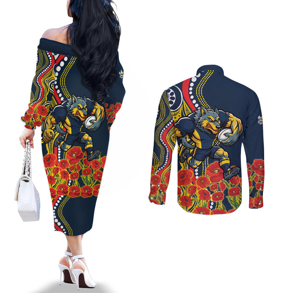 North Queensland Cowboys ANZAC Couples Matching Off The Shoulder Long Sleeve Dress and Long Sleeve Button Shirt Indigenous Wave Poppy Remembrance Cowboy