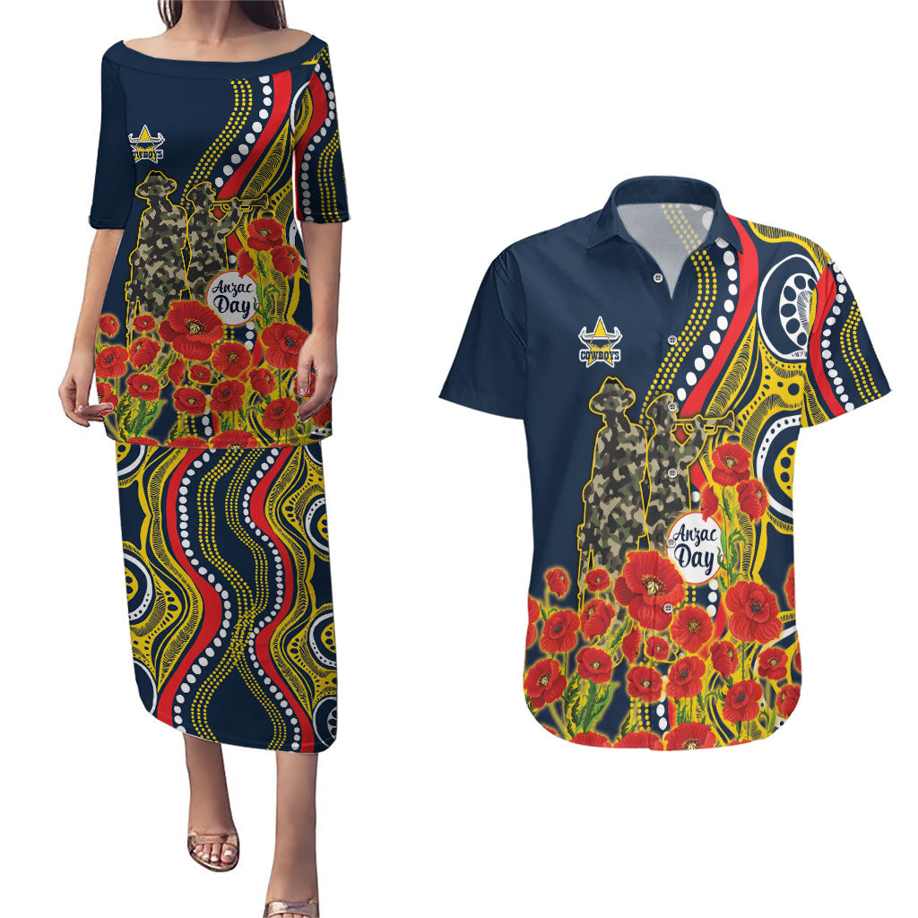 North Queensland Cowboys ANZAC Couples Matching Puletasi and Hawaiian Shirt Indigenous Wave Poppy Remembrance Cowboy