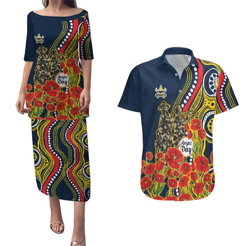North Queensland Cowboys ANZAC Couples Matching Puletasi and Hawaiian Shirt Indigenous Wave Poppy Remembrance Cowboy