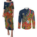 North Queensland Cowboys ANZAC Couples Matching Puletasi and Long Sleeve Button Shirt Indigenous Wave Poppy Remembrance Cowboy