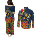 North Queensland Cowboys ANZAC Couples Matching Puletasi and Long Sleeve Button Shirt Indigenous Wave Poppy Remembrance Cowboy