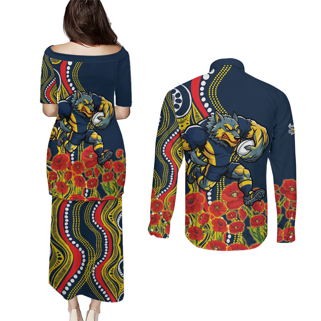 North Queensland Cowboys ANZAC Couples Matching Puletasi and Long Sleeve Button Shirt Indigenous Wave Poppy Remembrance Cowboy