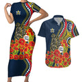 North Queensland Cowboys ANZAC Couples Matching Short Sleeve Bodycon Dress and Hawaiian Shirt Indigenous Wave Poppy Remembrance Cowboy