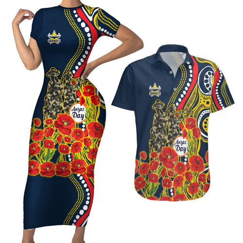 North Queensland Cowboys ANZAC Couples Matching Short Sleeve Bodycon Dress and Hawaiian Shirt Indigenous Wave Poppy Remembrance Cowboy