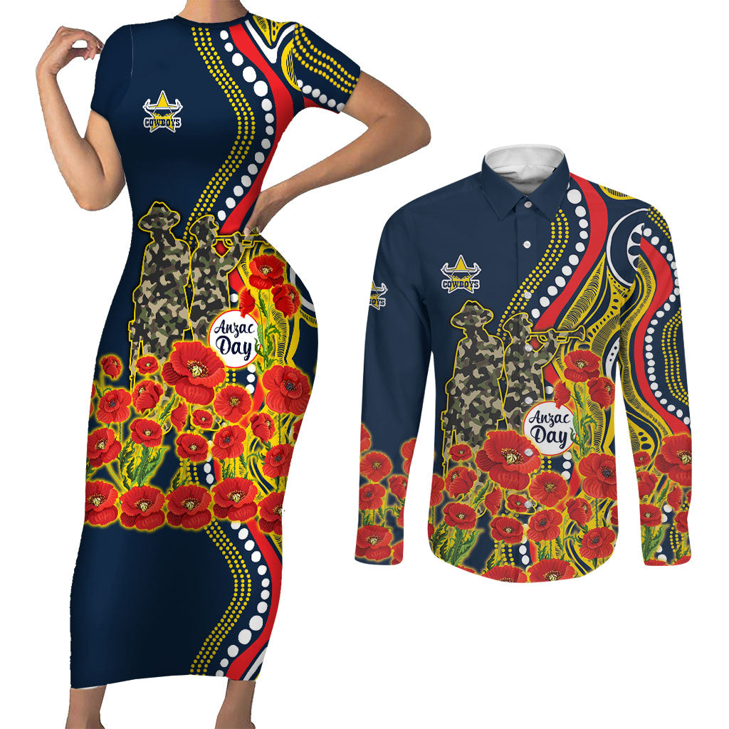 North Queensland Cowboys ANZAC Couples Matching Short Sleeve Bodycon Dress and Long Sleeve Button Shirt Indigenous Wave Poppy Remembrance Cowboy