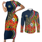 North Queensland Cowboys ANZAC Couples Matching Short Sleeve Bodycon Dress and Long Sleeve Button Shirt Indigenous Wave Poppy Remembrance Cowboy