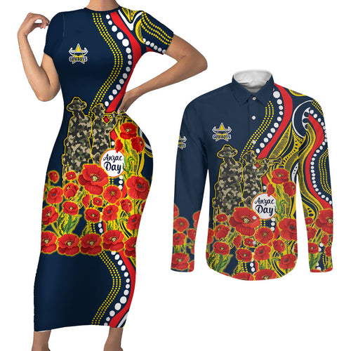 North Queensland Cowboys ANZAC Couples Matching Short Sleeve Bodycon Dress and Long Sleeve Button Shirt Indigenous Wave Poppy Remembrance Cowboy