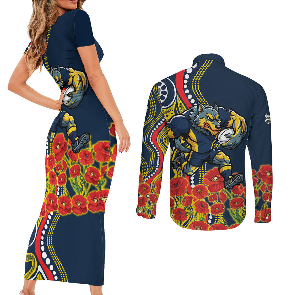 North Queensland Cowboys ANZAC Couples Matching Short Sleeve Bodycon Dress and Long Sleeve Button Shirt Indigenous Wave Poppy Remembrance Cowboy