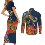 North Queensland Cowboys ANZAC Couples Matching Short Sleeve Bodycon Dress and Long Sleeve Button Shirt Indigenous Wave Poppy Remembrance Cowboy