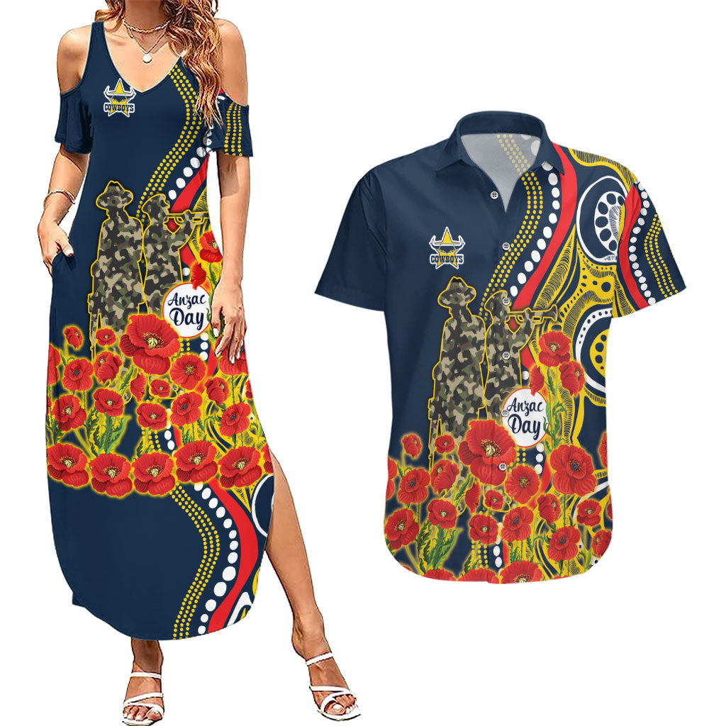 North Queensland Cowboys ANZAC Couples Matching Summer Maxi Dress and Hawaiian Shirt Indigenous Wave Poppy Remembrance Cowboy